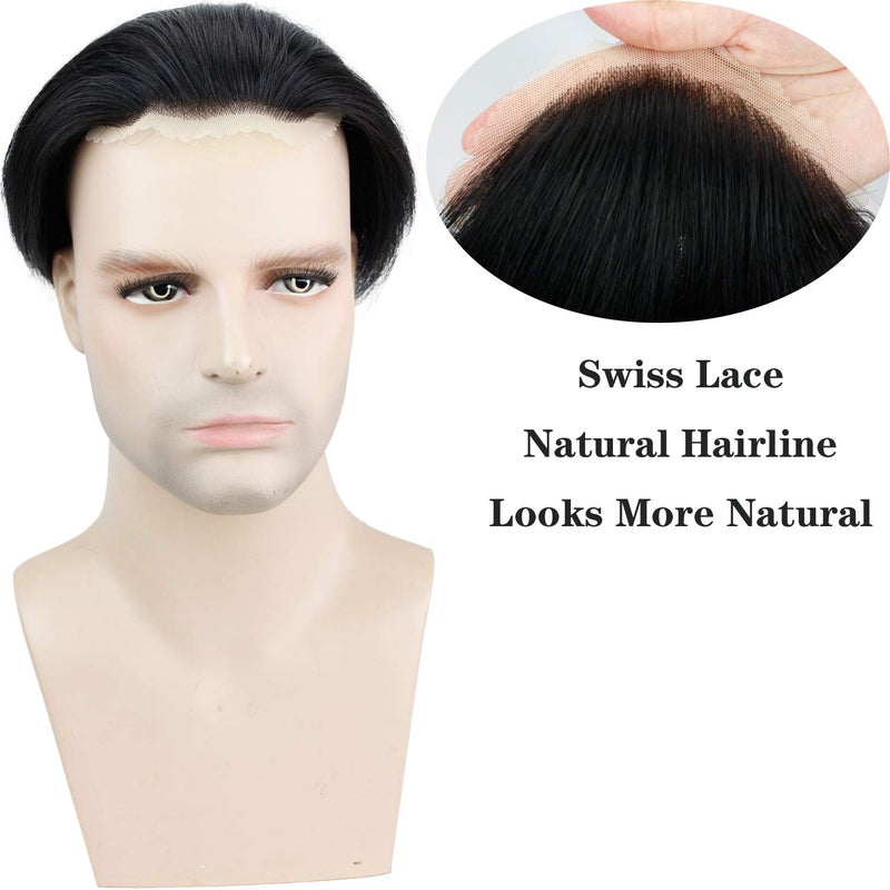 Voloria Men's Toupee 8inch Hairpieces 100% European Virgin Human Hair Replacement System Hair Topper Pieces for Men Swiss Lace Net with PU Base Size 4.33x6.69 inch 1B Black Color - Image 2